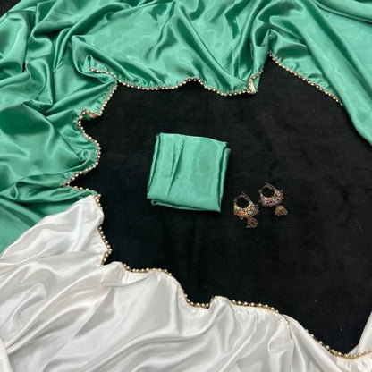 Green and white satin saree plain