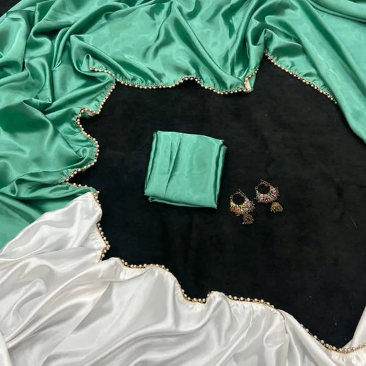 Green and white satin saree plain